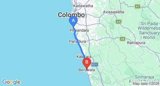Driving route map: Ratmalana (RML) Airport to Beruwala (42 km, approx 1 h 18 min private transfer)