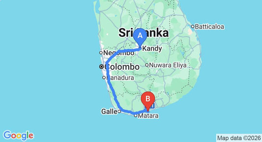 Driving route map: Kandy to Tangalle (280 km, approx 5 h 16 min private transfer)
