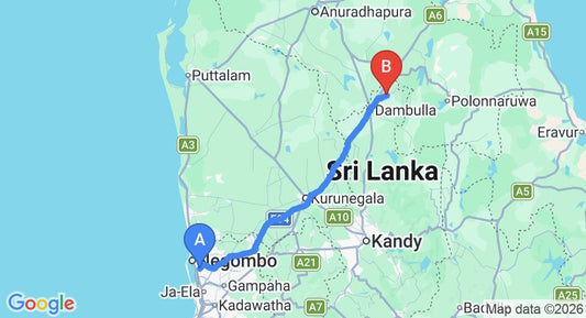 Driving route map: Colombo Airport (CMB) to Eighth Wonder Resort, Sigiriya (142 km, approx 3 h 4 min private transfer)