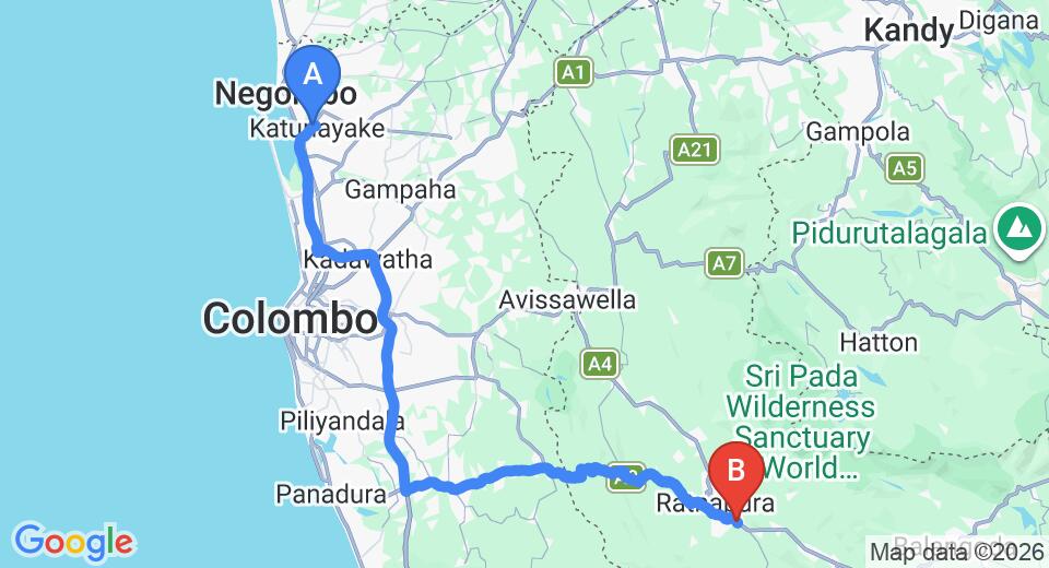 Driving route map: Colombo Airport (CMB) to Serene Villa, Ratnapura (123 km, approx 2 h 42 min private transfer)