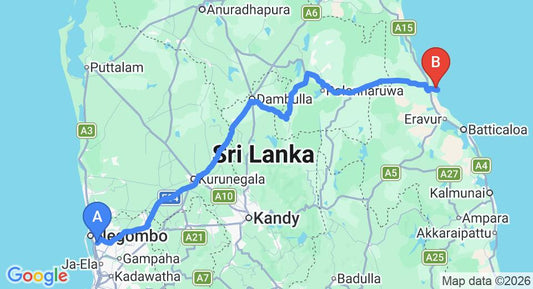 Driving route map: Colombo Airport (CMB) to Uga Bay by Uga Escapes, Pasikuda (267 km, approx 5 h 29 min private transfer)