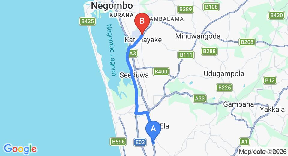 Driving route map: Kandana to Colombo Airport (CMB) (16 km, approx 21 min private transfer)
