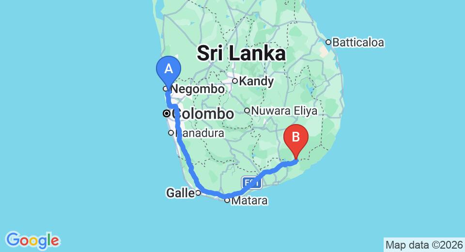 Driving route map: Colombo Airport (CMB) to Lavendish Okrin Hotel, Kataragama (283 km, approx 3 h 43 min private transfer)