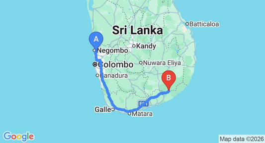 Driving route map: Colombo Airport (CMB) to Lavendish Okrin Hotel, Kataragama (283 km, approx 3 h 43 min private transfer)
