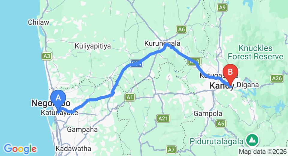Driving route map: Colombo Airport (CMB) to Royal Classic Resort, Kandy (118 km, approx 2 h 57 min private transfer)