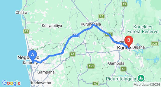 Driving route map: Colombo Airport (CMB) to Royal Classic Resort, Kandy (118 km, approx 2 h 57 min private transfer)
