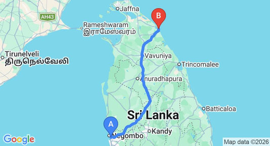 Driving route map: Colombo Airport (CMB) to Mullaitivu (308 km, approx 6 h 6 min private transfer)