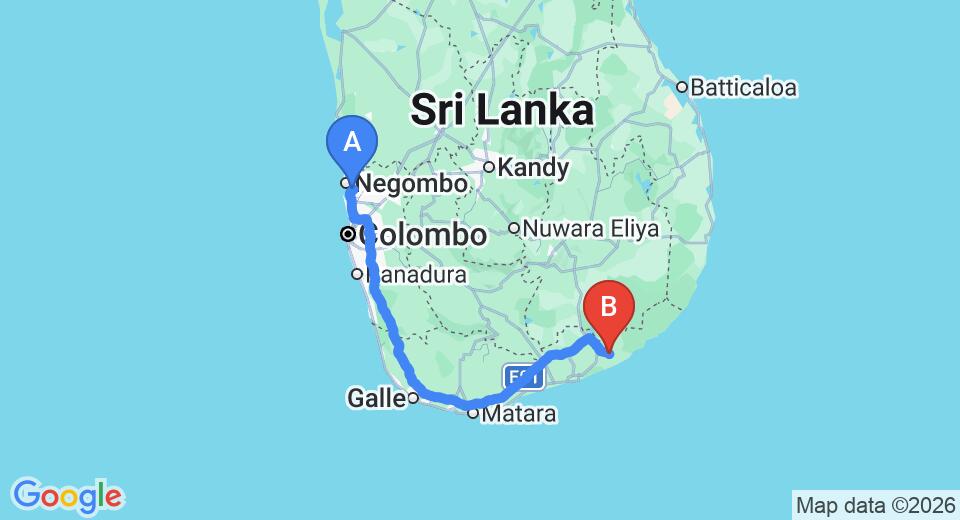 Driving route map: Colombo Airport (CMB) to Tissa Lakeside Hotel, Tissamaharama (280 km, approx 3 h 45 min private transfer)