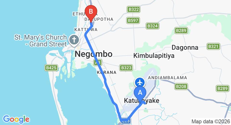 Driving route map: Colombo Airport (CMB) to Green Gardens, Negombo (12 km, approx 28 min private transfer)