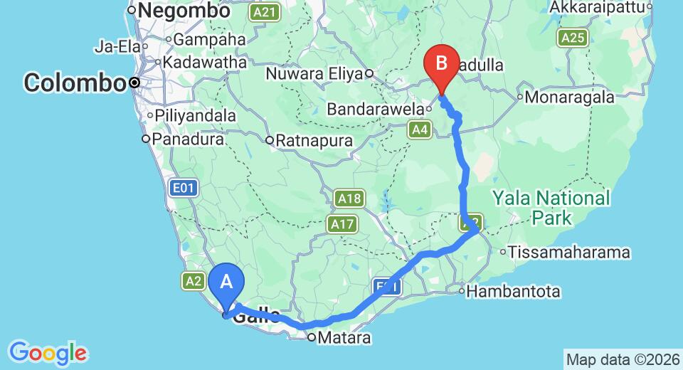 Driving route map: Galle to Ella (199 km, approx 3 h 20 min private transfer)