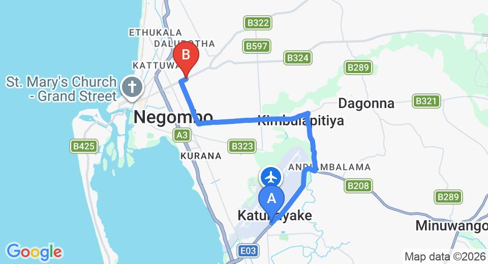 Driving route map: Colombo Airport (CMB) to Avenra Garden Hotel, Negombo (11 km, approx 25 min private transfer)