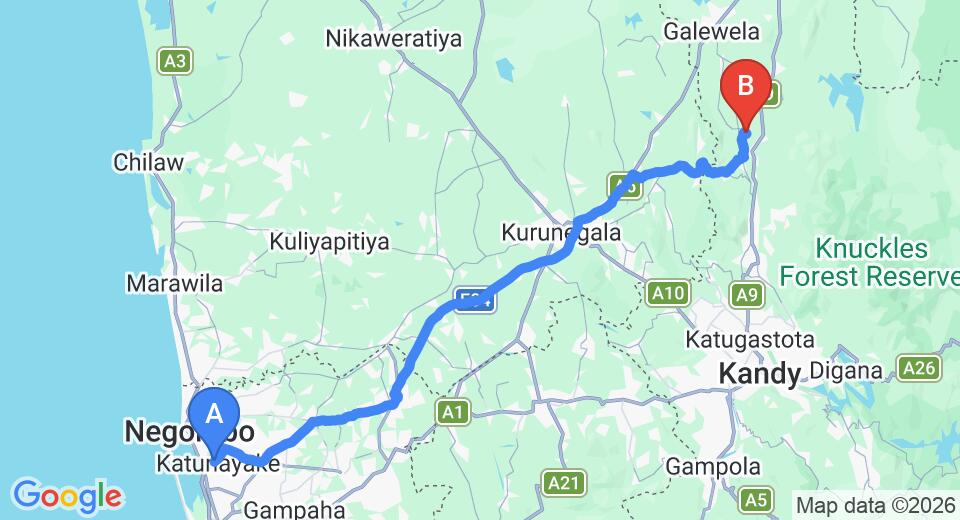 Driving route map: Colombo Airport (CMB) to Kinigama (115 km, approx 2 h 41 min private transfer)