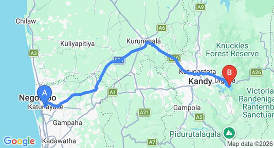 Driving route map: Colombo Airport (CMB) to Clingendael, Kandy (131 km, approx 3 h 24 min private transfer)