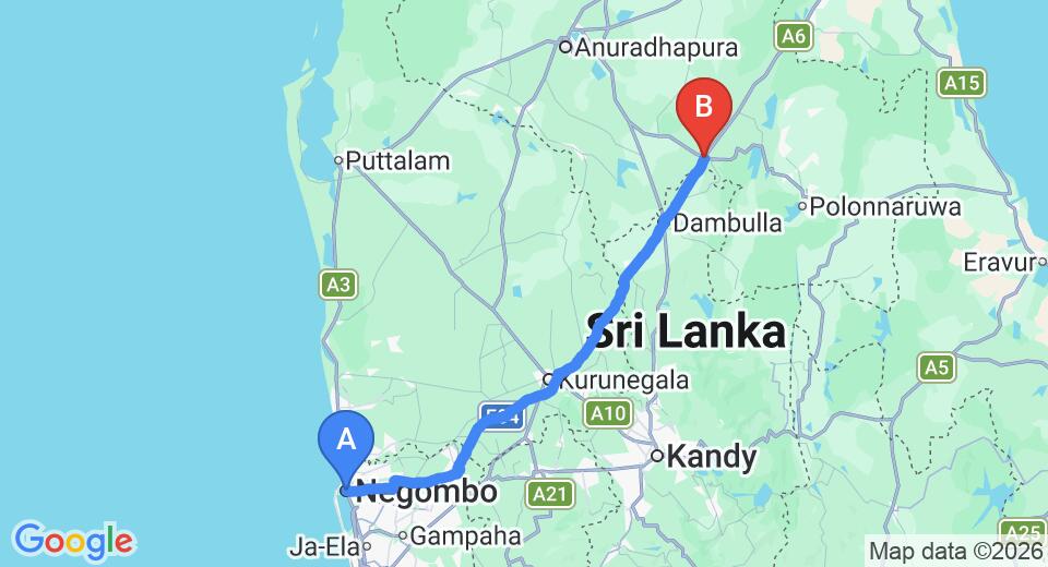 Driving route map: Negombo to Habarana (153 km, approx 3 h 11 min private transfer)