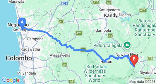 Driving route map: Colombo Airport (CMB) to Pattipola (167 km, approx 5 h 14 min private transfer)