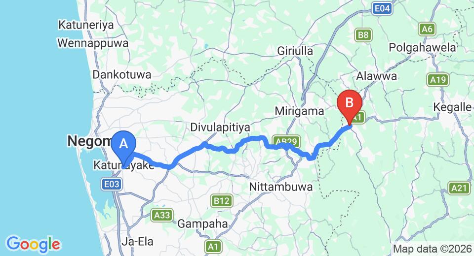 Driving route map: Colombo Airport (CMB) to Warakapola (45 km, approx 1 h 18 min private transfer)