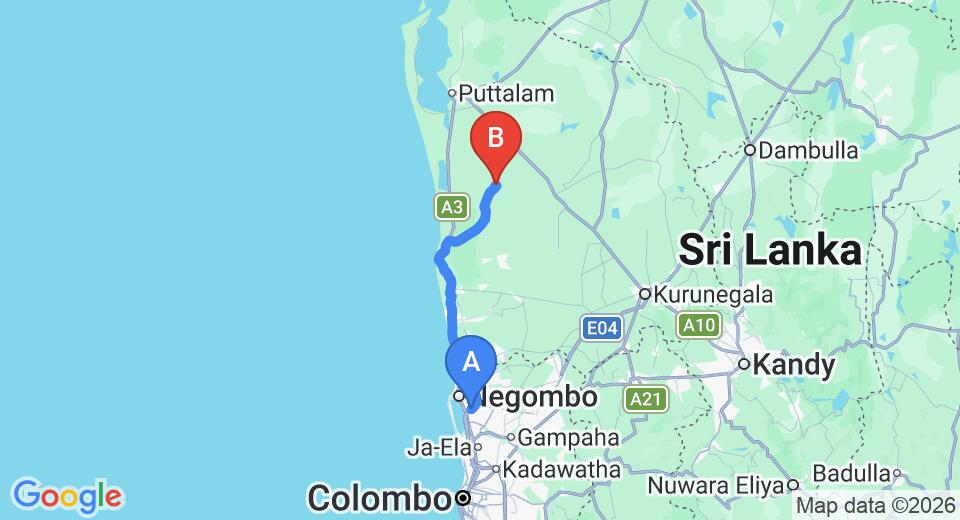 Driving route map: Colombo Airport (CMB) to Villa Wild Ceylon, Puttalam (85 km, approx 2 h 11 min private transfer)