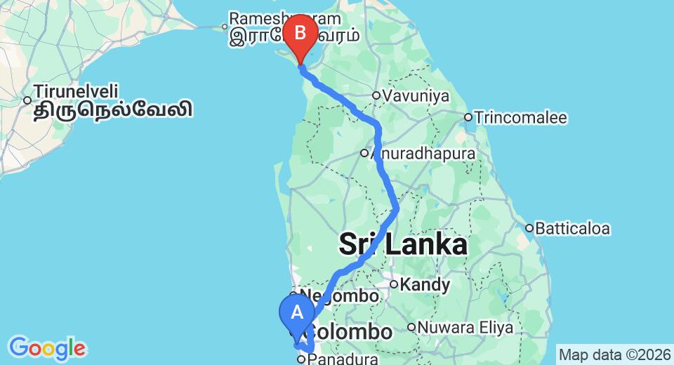 Driving route map: Ratmalana (RML) Airport to Mannar (341 km, approx 6 h 46 min private transfer)