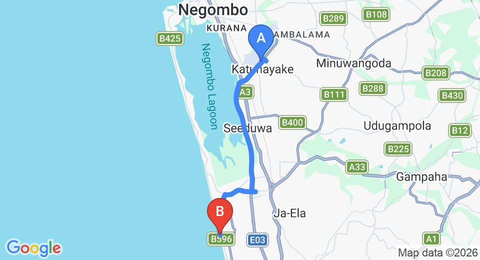 Driving route map: Colombo Airport (CMB) to Reefs Edge Resort, Bopitiya (18 km, approx 27 min private transfer)