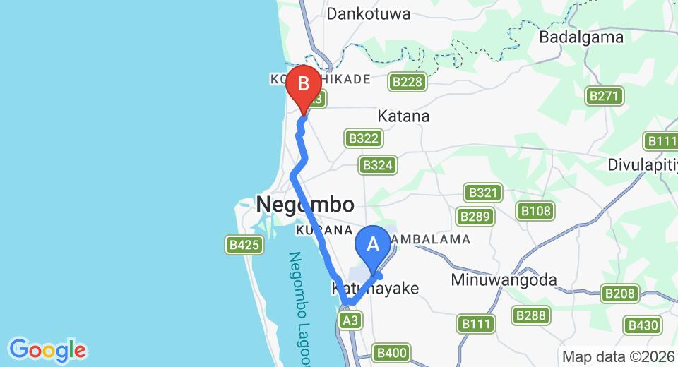 Driving route map: Colombo Airport (CMB) to Royal Castle Hotel, Negombo (14 km, approx 32 min private transfer)