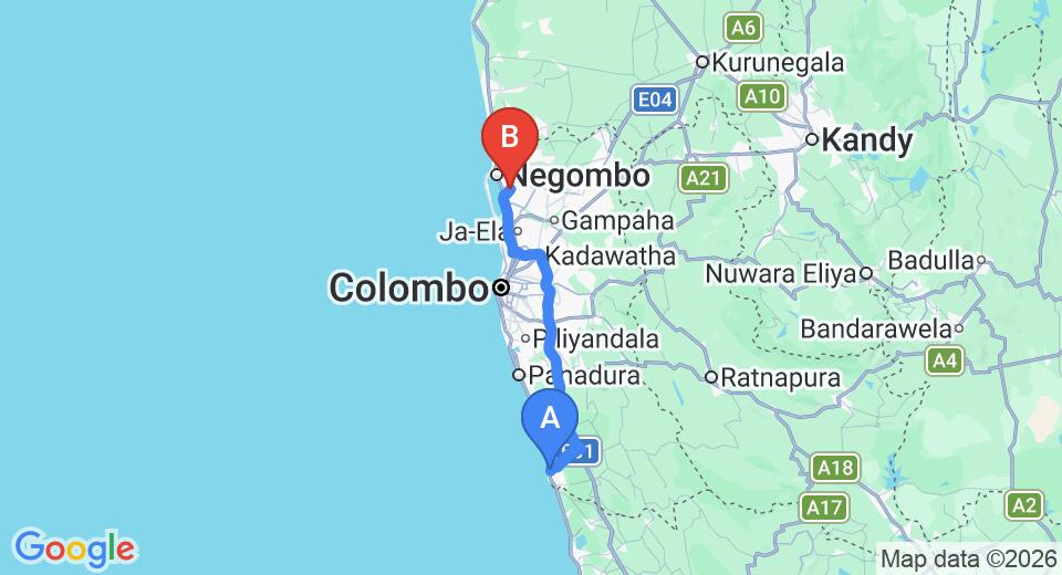 Driving route map: Beruwala to Colombo Airport (CMB) (97 km, approx 1 h 38 min private transfer)