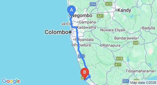 Driving route map: Colombo Airport (CMB) to New Imperial Hotel, Hikkaduwa (144 km, approx 2 h 9 min private transfer)