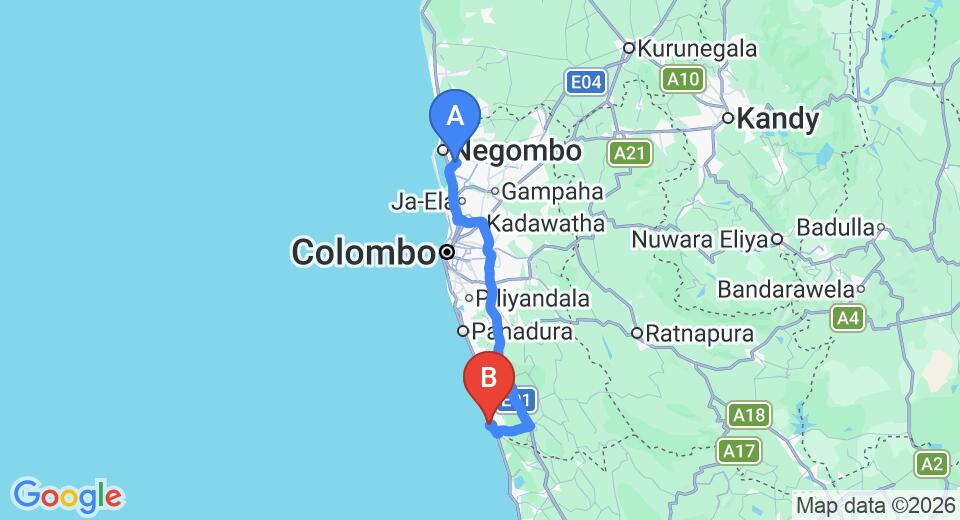 Driving route map: Colombo Airport (CMB) to Cinnamon Bey, Beruwala (110 km, approx 1 h 46 min private transfer)