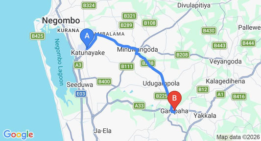 Driving route map: Colombo Airport (CMB) to Auriel Ayurveda, Gampaha (20 km, approx 41 min private transfer)
