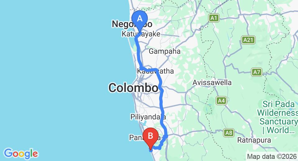 Driving route map: Colombo Airport (CMB) to The Privilege Ayurveda Beach Resort, Wadduwa (79 km, approx 1 h 25 min private transfer)