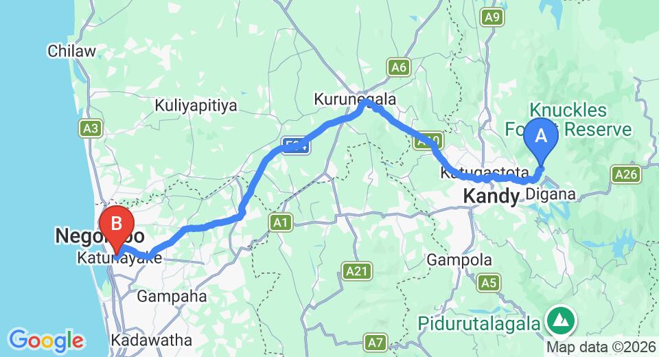 Driving route map: Narampanawa to Colombo Airport (CMB) (126 km, approx 3 h 13 min private transfer)