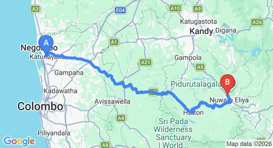 Driving route map: Colombo Airport (CMB) to Golden Five, Nuwara Eliya (156 km, approx 4 h 51 min private transfer)