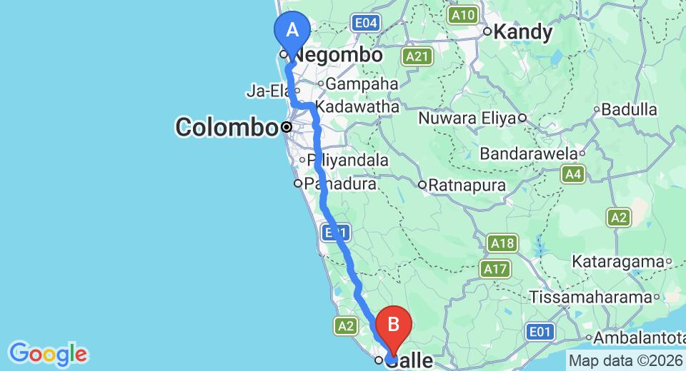 Driving route map: Colombo Airport (CMB) to Apa Villa Illuketiya, Galle (153 km, approx 2 h 8 min private transfer)