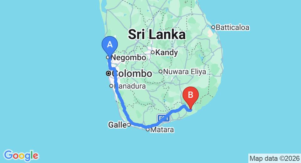 Driving route map: Colombo Airport (CMB) to Kithala Resort, Tissamaharama (280 km, approx 3 h 44 min private transfer)