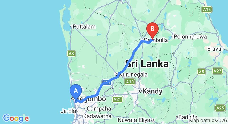 Driving route map: Colombo Airport (CMB) to Farcry Boutique Resort, Wasgamuwa (146 km, approx 3 h 14 min private transfer)