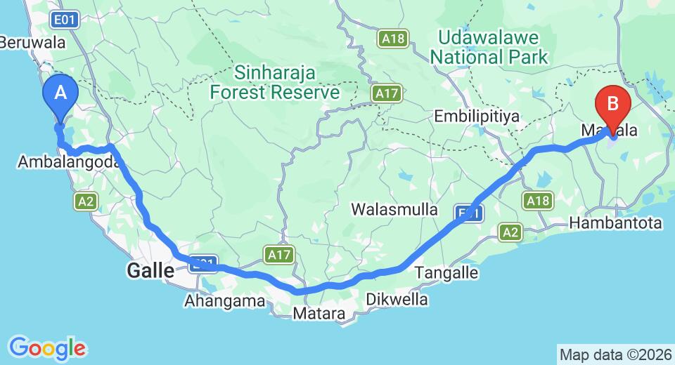 Driving route map: Ahungalla to Mattala (HRI) Airport (157 km, approx 2 h 13 min private transfer)