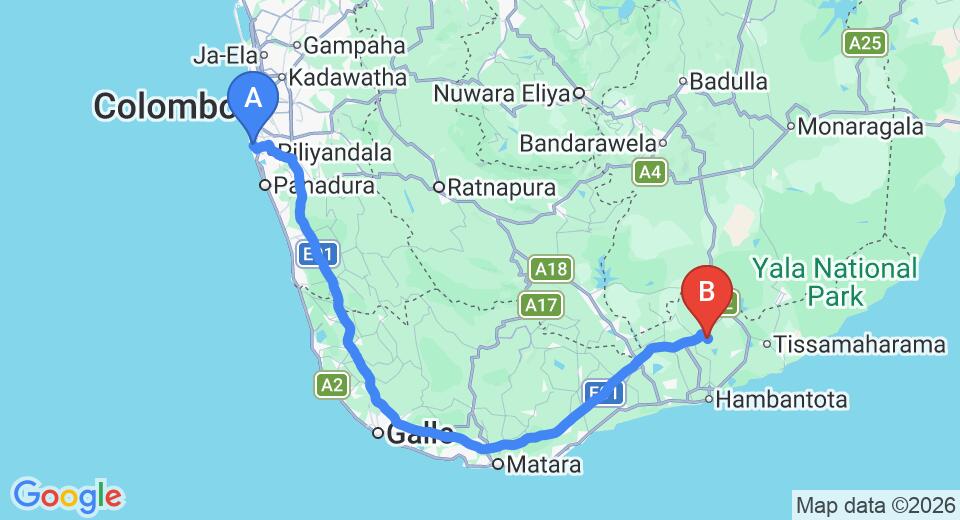 Driving route map: Ratmalana (RML) Airport to Mattala (HRI) Airport (215 km, approx 2 h 56 min private transfer)
