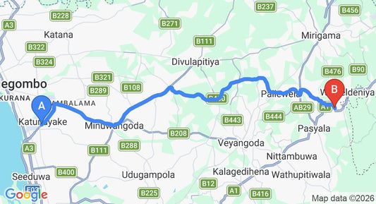 Driving route map: Colombo Airport (CMB) to Radawadunna (36 km, approx 1 h 5 min private transfer)