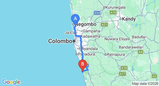 Driving route map: Colombo Airport (CMB) to Villa 80 Bentota, Bentota (109 km, approx 1 h 42 min private transfer)
