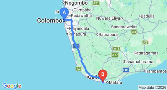 Driving route map: Colombo to Mirissa (155 km, approx 2 h 34 min private transfer)