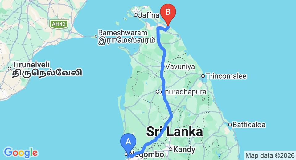 Driving route map: Colombo Airport (CMB) to Chundikkulam (340 km, approx 6 h 49 min private transfer)
