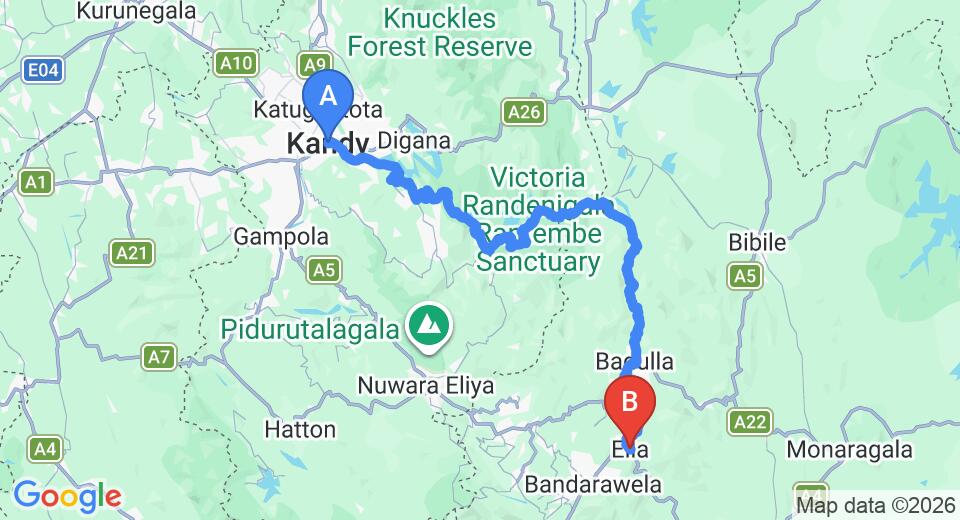 Driving route map: Kandy to Ella (135 km, approx 3 h 44 min private transfer)
