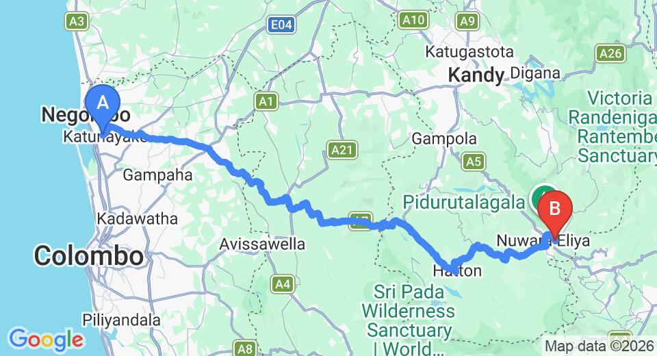 Driving route map: Colombo Airport (CMB) to Stoney Croft Cottage, Nuwara Eliya (157 km, approx 4 h 53 min private transfer)