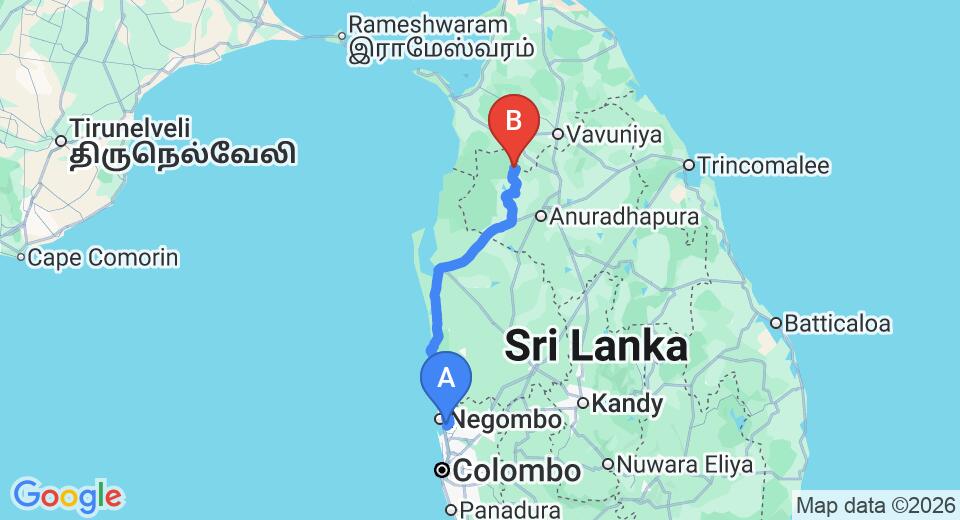 Driving route map: Colombo Airport (CMB) to Thanthirimale (204 km, approx 4 h 29 min private transfer)