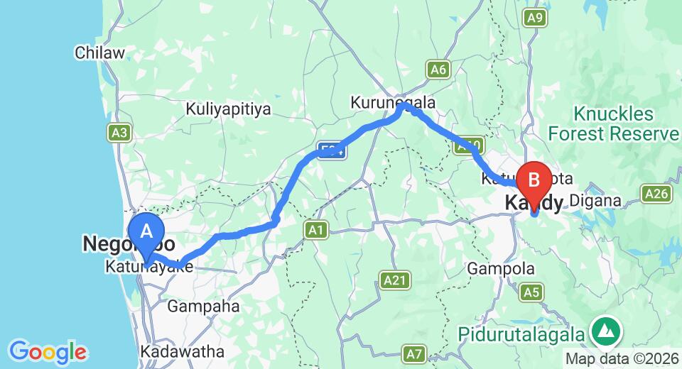 Driving route map: Colombo Airport (CMB) to Hantana (118 km, approx 3 h 5 min private transfer)