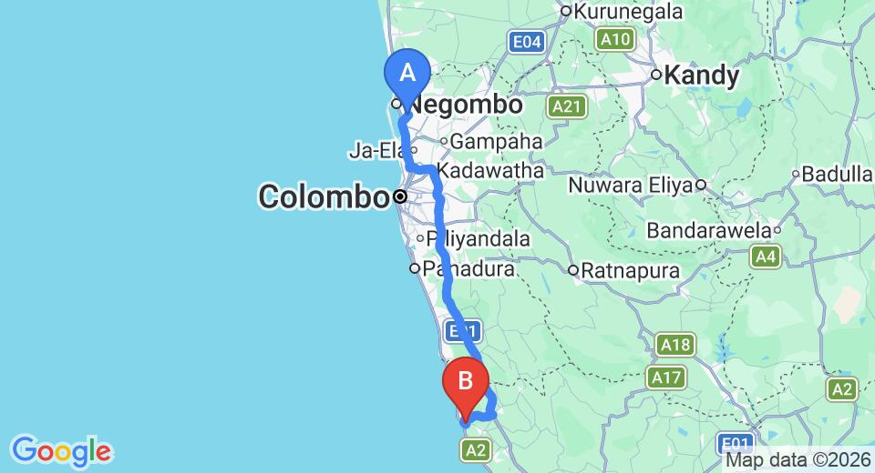 Driving route map: Colombo Airport (CMB) to Ambalangoda (130 km, approx 1 h 59 min private transfer)