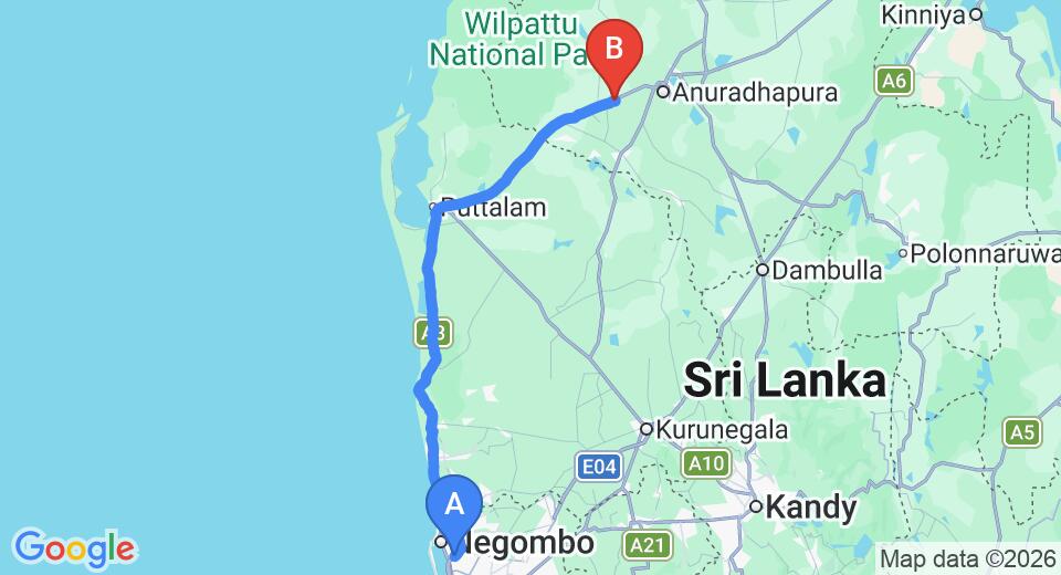 Driving route map: Colombo Airport (CMB) to Forest Rock Garden Resort, Anuradhapura (164 km, approx 3 h 43 min private transfer)