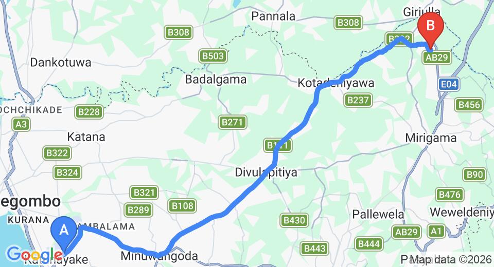 Driving route map: Colombo Airport (CMB) to Loluwagoda (37 km, approx 1 h 7 min private transfer)