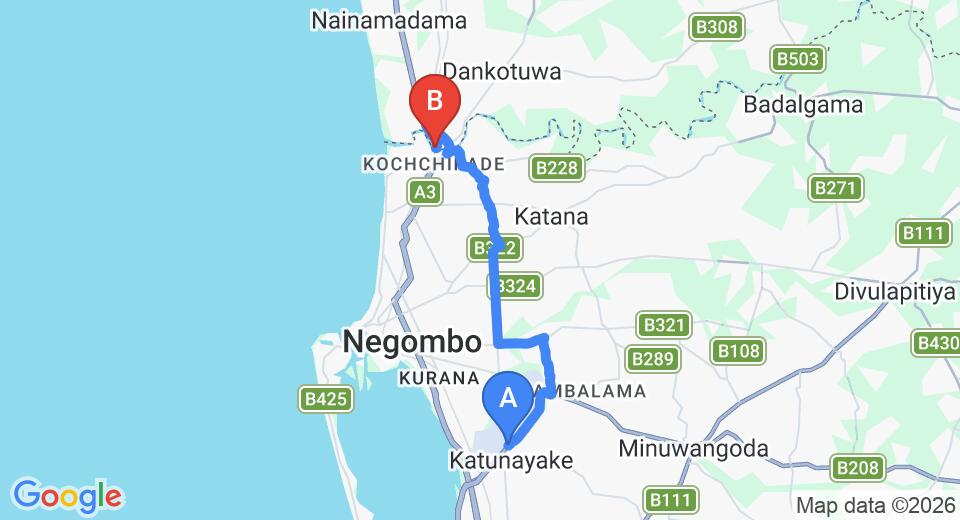 Driving route map: Colombo Airport (CMB) to KARUNAKARALA RESORT, Waikkal (18 km, approx 40 min private transfer)