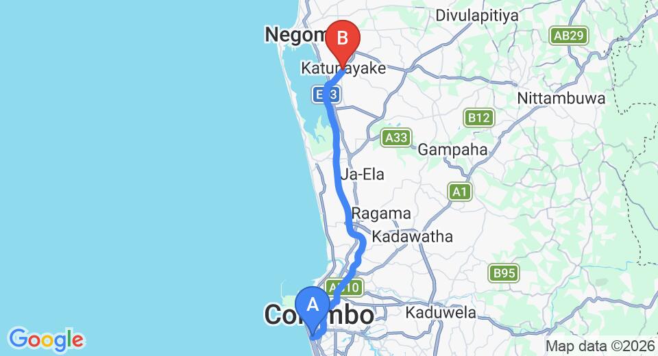 Driving route map: Bambalapitiya to Colombo Airport (CMB) (35 km, approx 43 min private transfer)