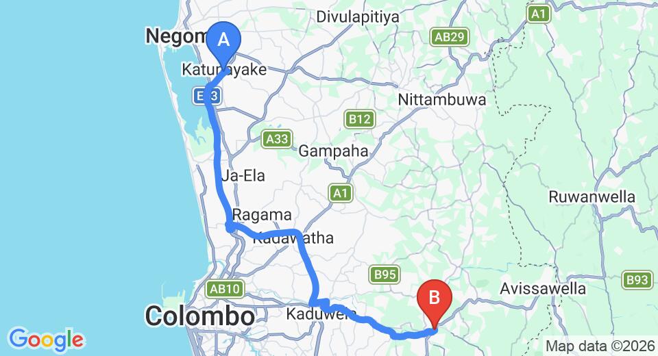 Driving route map: Colombo Airport (CMB) to Ambalama Leisure Lounge, Hanwella (53 km, approx 1 h 9 min private transfer)